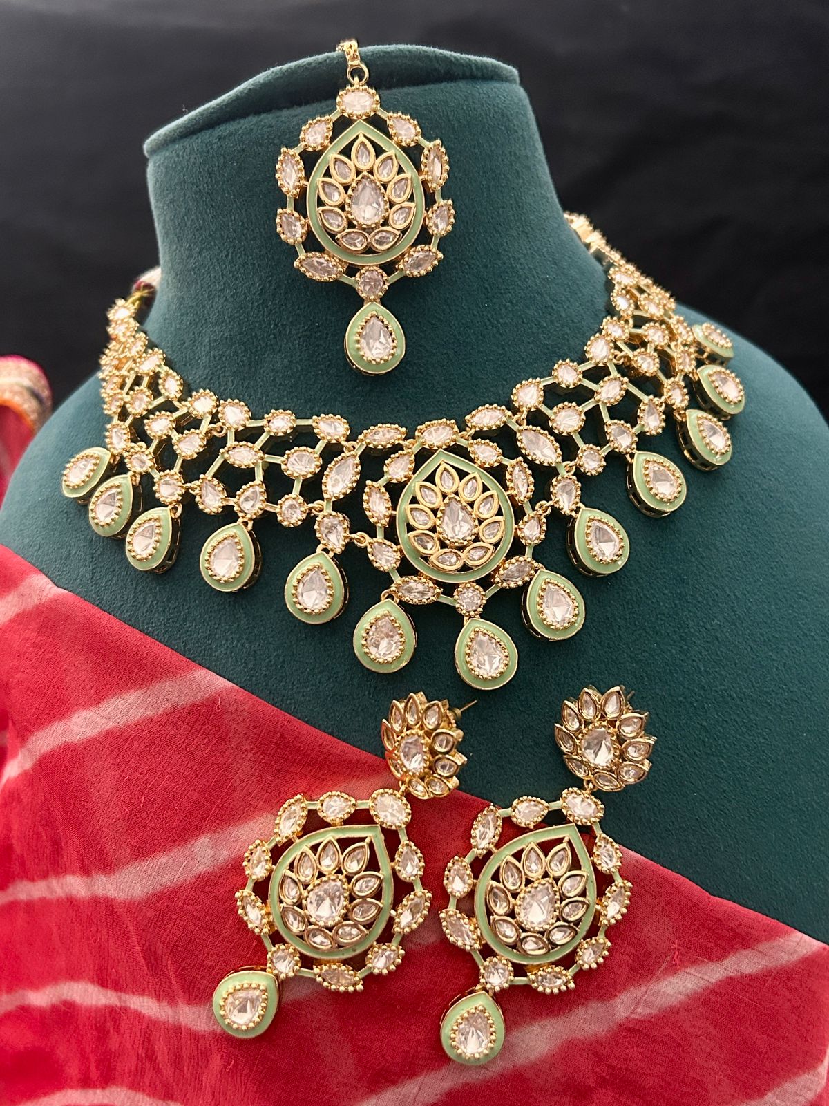 Elegant Mint Green & White Kundan Bridal Necklace Set with Earrings & Maang Tikka